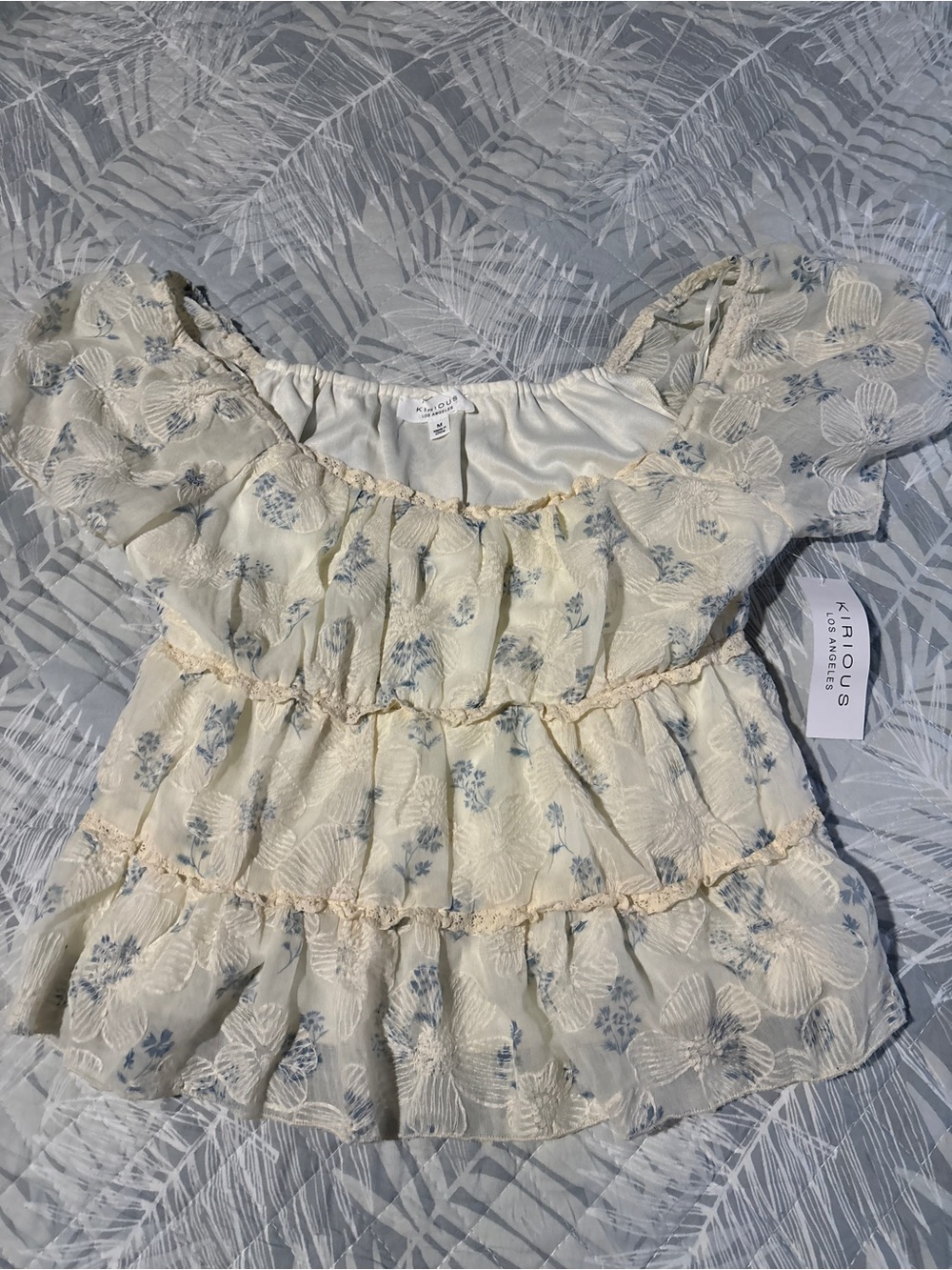 Kirious Ivory Blue Floral Embroidered Tiered Babydoll Crop Top NWT - Medium